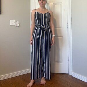 Monteau Blue White Striped Jumpsuit Tie Waist Leg Slits L